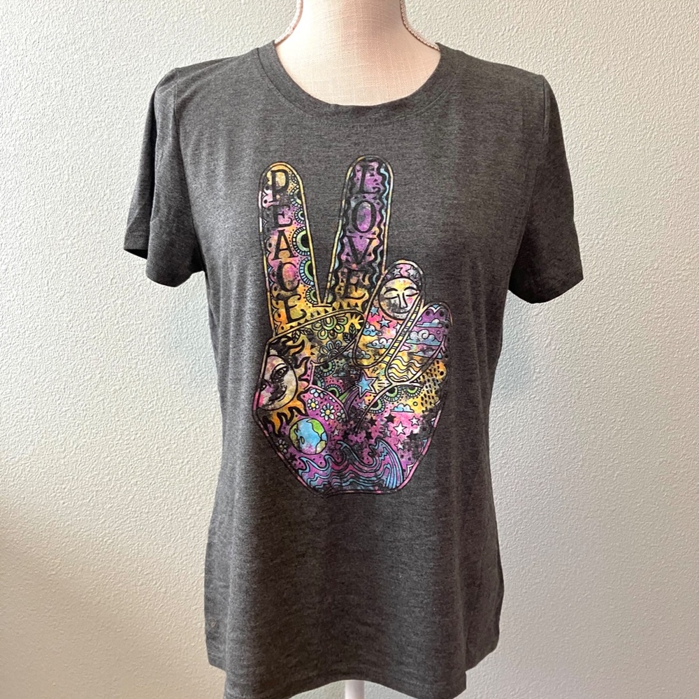 Groovy gray t-shirt with multicolored peace sign ✌🏼, Modern Lux, est. size L - Picture 2 of 6